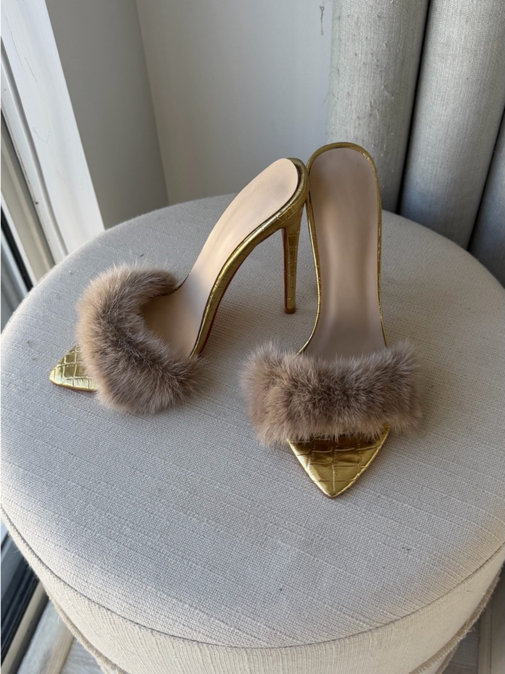 Gold Stiletto Mule with Taupe Fur Trim - Women's Luxury Slide - Picture 7 of 13